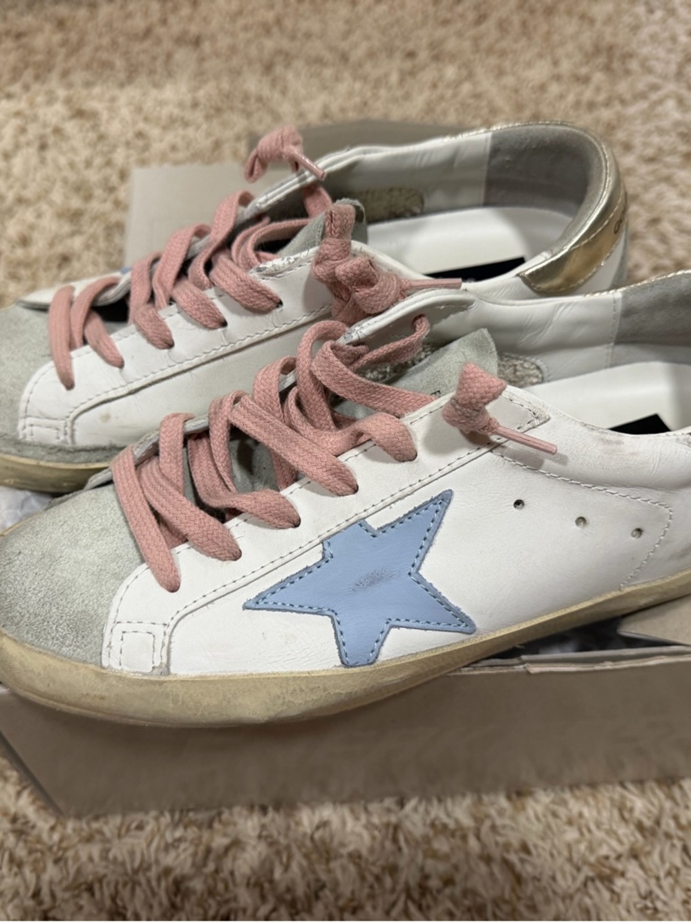 Golden Goose White Leather Sneakers with Blue Star and Pink Laces -worn twice!